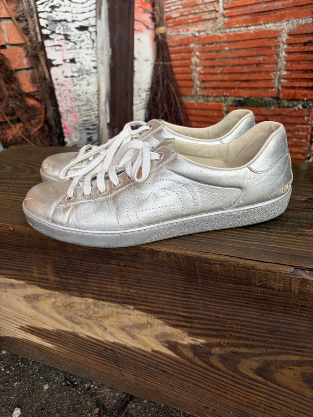 Gucci Ace Metallic Silver Leather Low-Top Sneaker - Picture 9 of 10